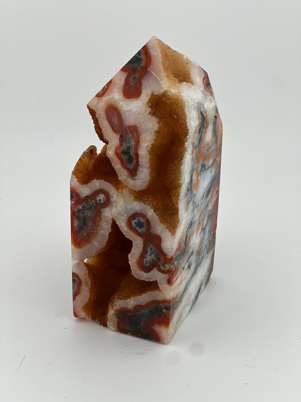 Carnelian and Moss Agate tower with quartz druzy - Medium / Large