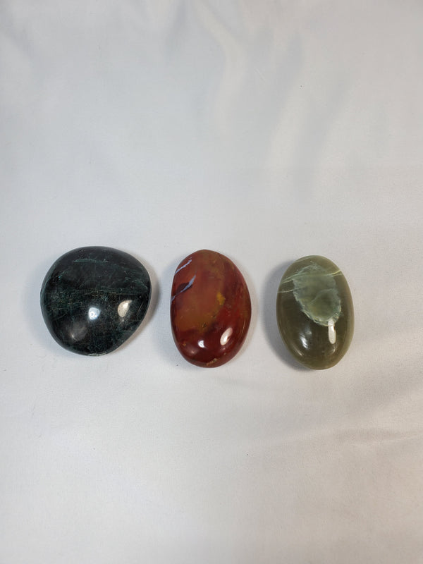 Mixed Polished Set of Three Palmstones Blue Apatite, Garnierite, and Red Ocean Jasper